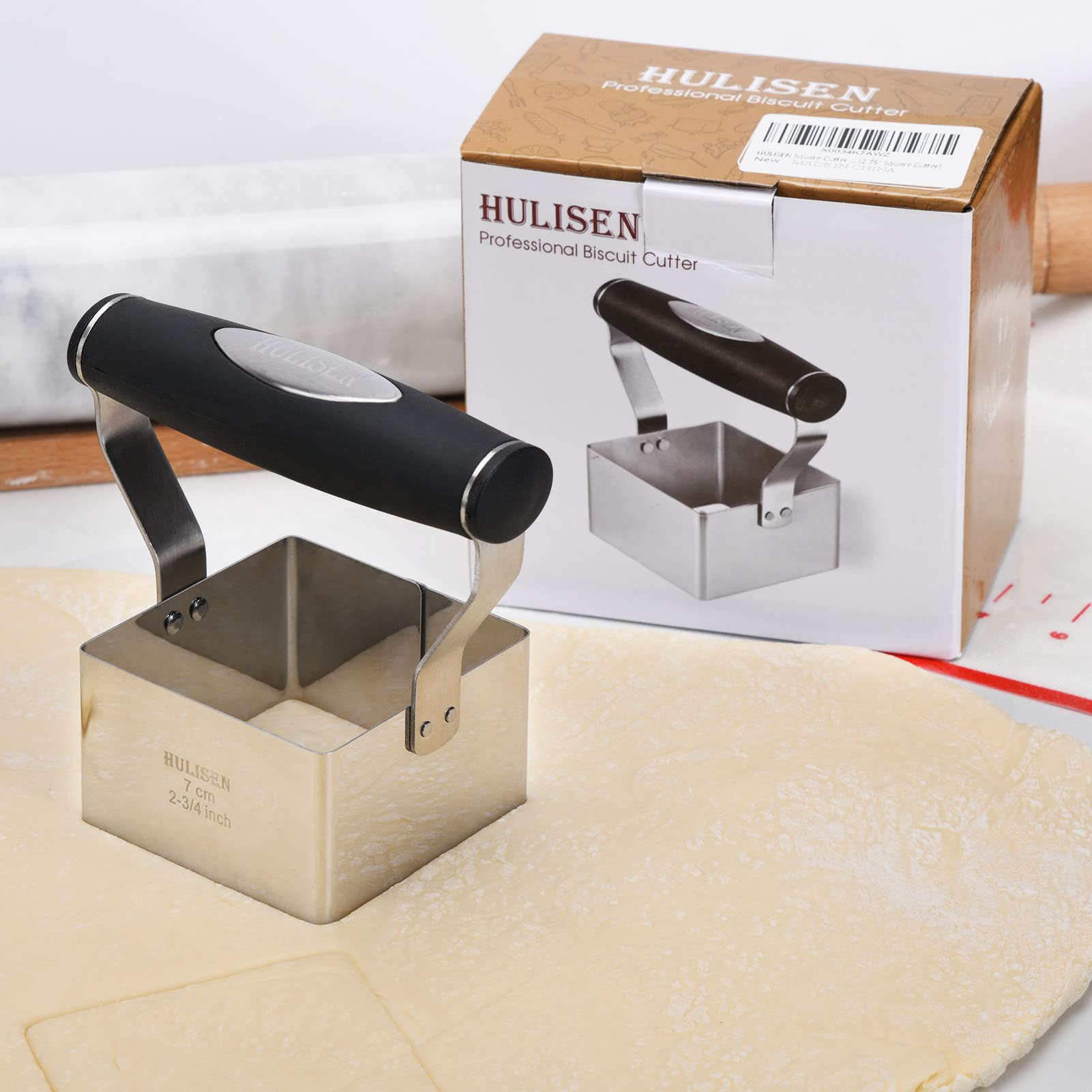 HULISEN Square Biscuit Cutter  2.75 Inch Stainless Steel Cookie Cutter with Soft Grip Handle for Thick Dough  Professional Baking Dough Tools  Dishwasher Safe  Gift Package (2.75'' Square Cutter)