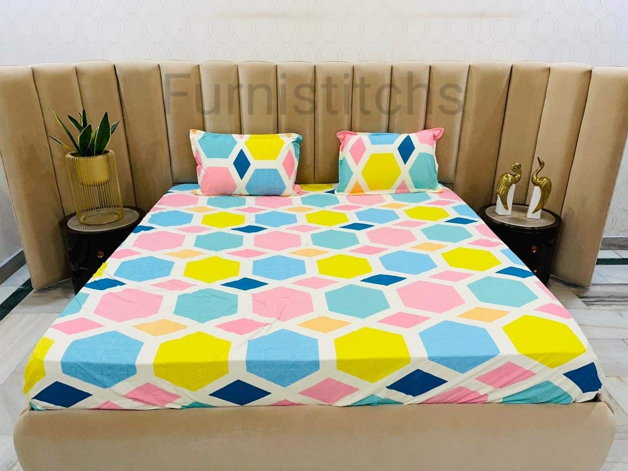 Furnistitchs King Size Bed Cover Elastic Fitted Bedsheet With 2 Pillow Covers (240 X 260 Cms, Coloured Figures)