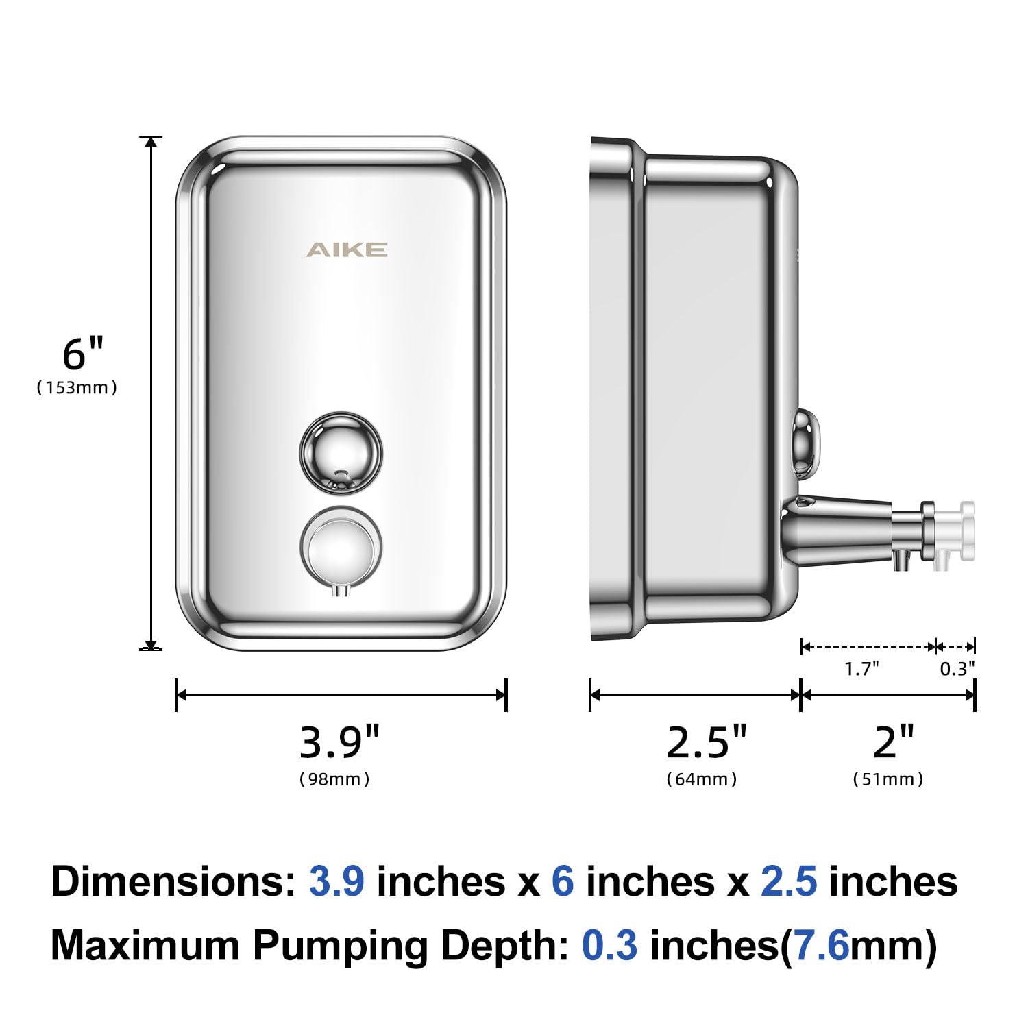 Aike Polished Stainless Steel Wall Mount Pump Soap Dispenser Polished 17 Fl.Oz. Ak1001