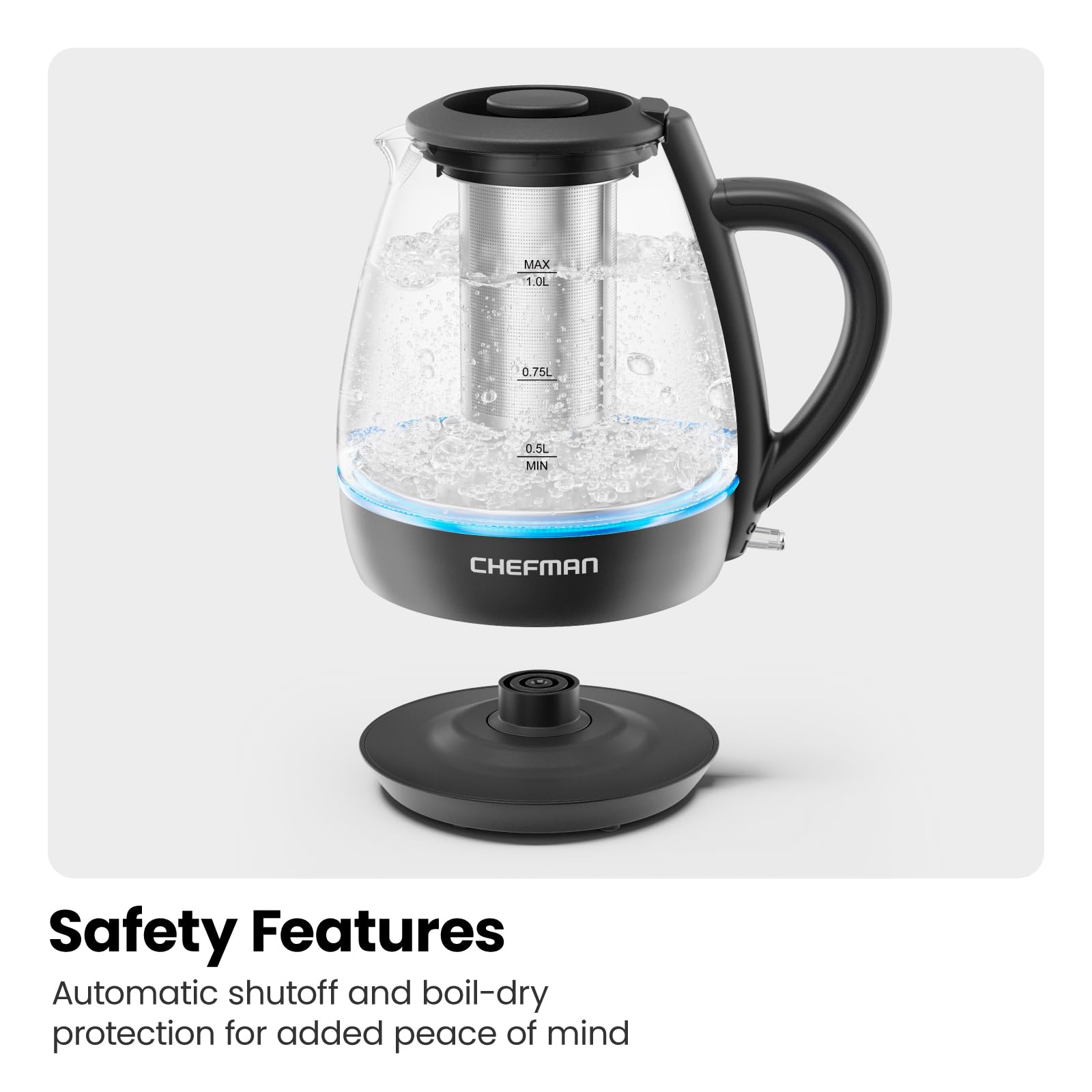Chefman Electric Kettle With Tea Infuser, 1L 1500W, Removable Lid For Easy Cleaning, Boil-Dry Protection, Stainless Steel Filter