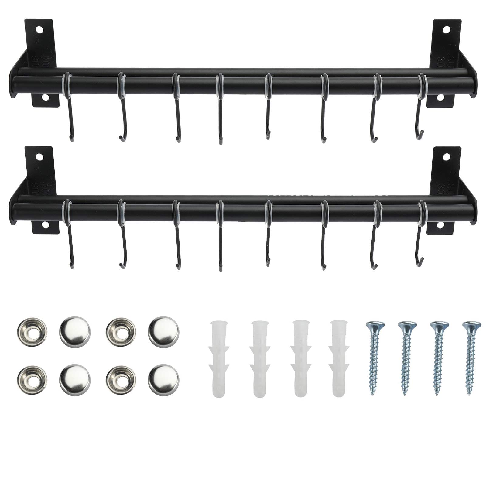 Patioer Pot Rack, Pots And Pans Hanging Rack Rail With 8 Hooks, Double Bars, Pot Hangers For Kitchen, Wall Mounted, Black, 2 Pac