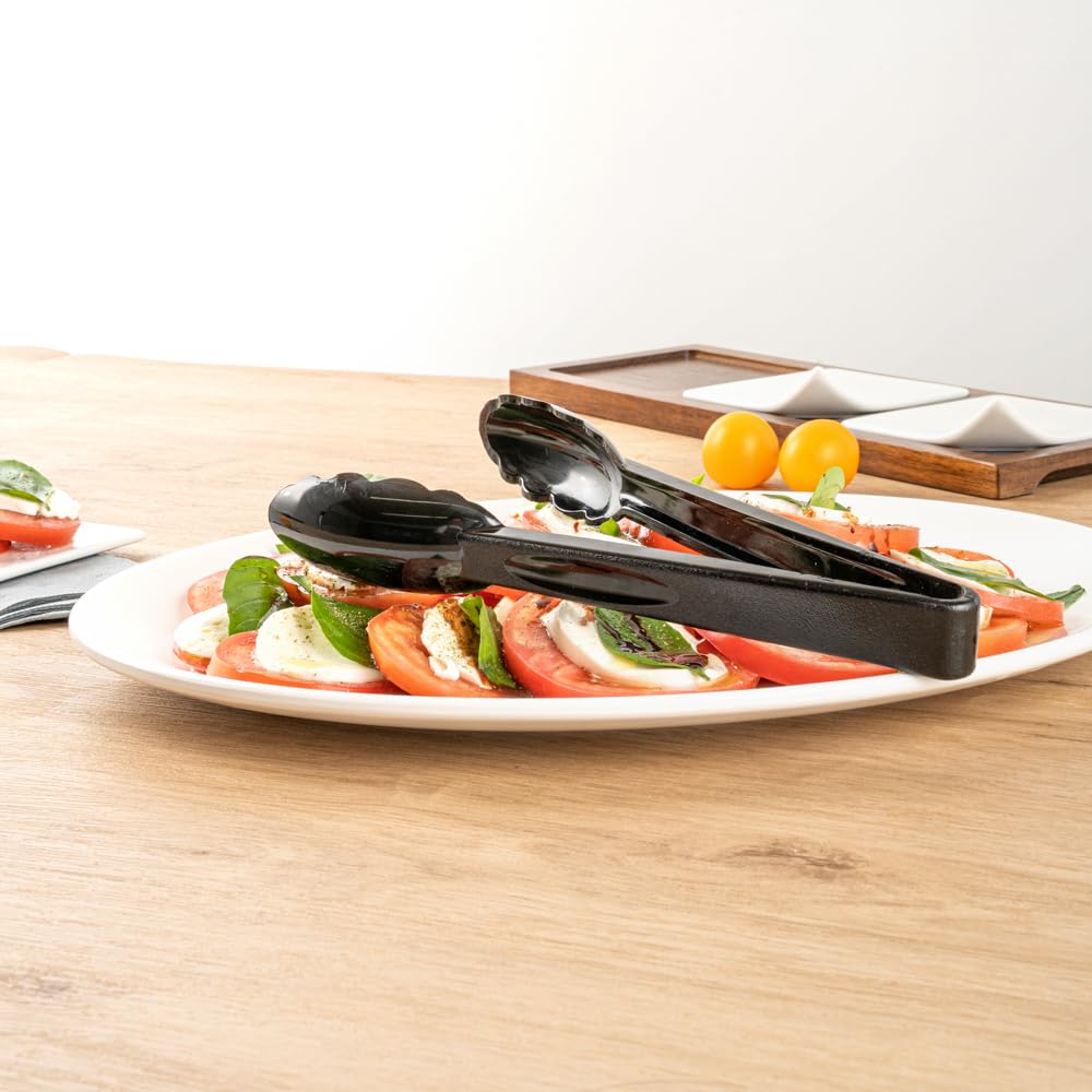 Restaurantware 9 Inch X 3 Inch Kitchen Tongs 1 Scalloped Edges Serving Tongs - Dishwasher-Safe Reusable Black Plastic Tongs For