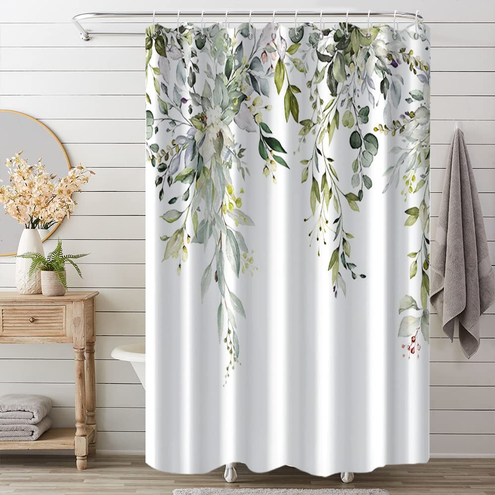 Ruelvth Green Eucalyptus Shower Curtain, Spring Watercolor Plant Leaves With Floral Shower Curtain For Bathroom Waterproof Fabri