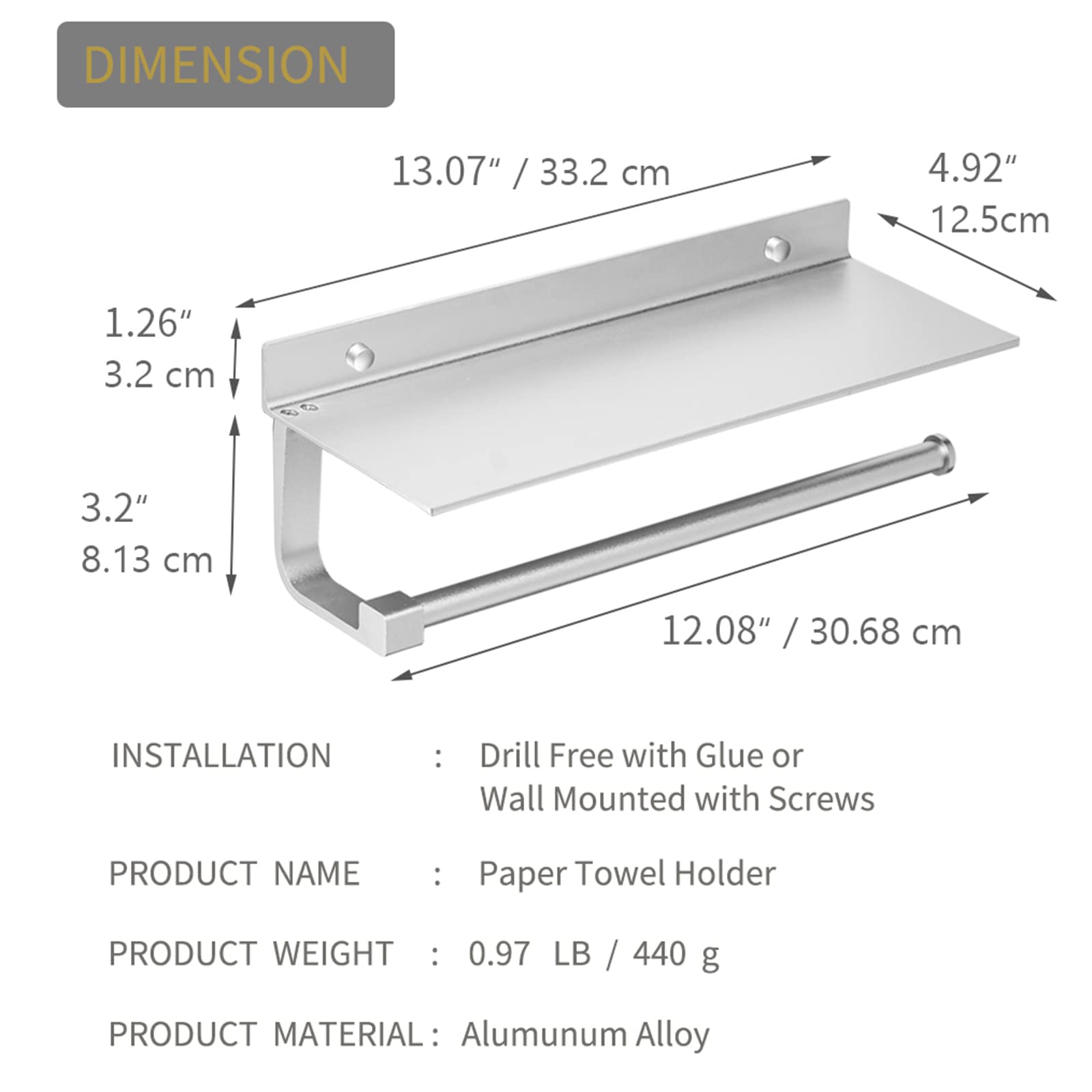 BESy Adhesive Paper Towel Holder Wall Mounted for Kitchen 13 in  Bathroom Tissue Roll Hanger with Storage Shelf  Space Aluminum  Self Adhesive with Glue or Wall Mount with Screws  Dull Polished Silver