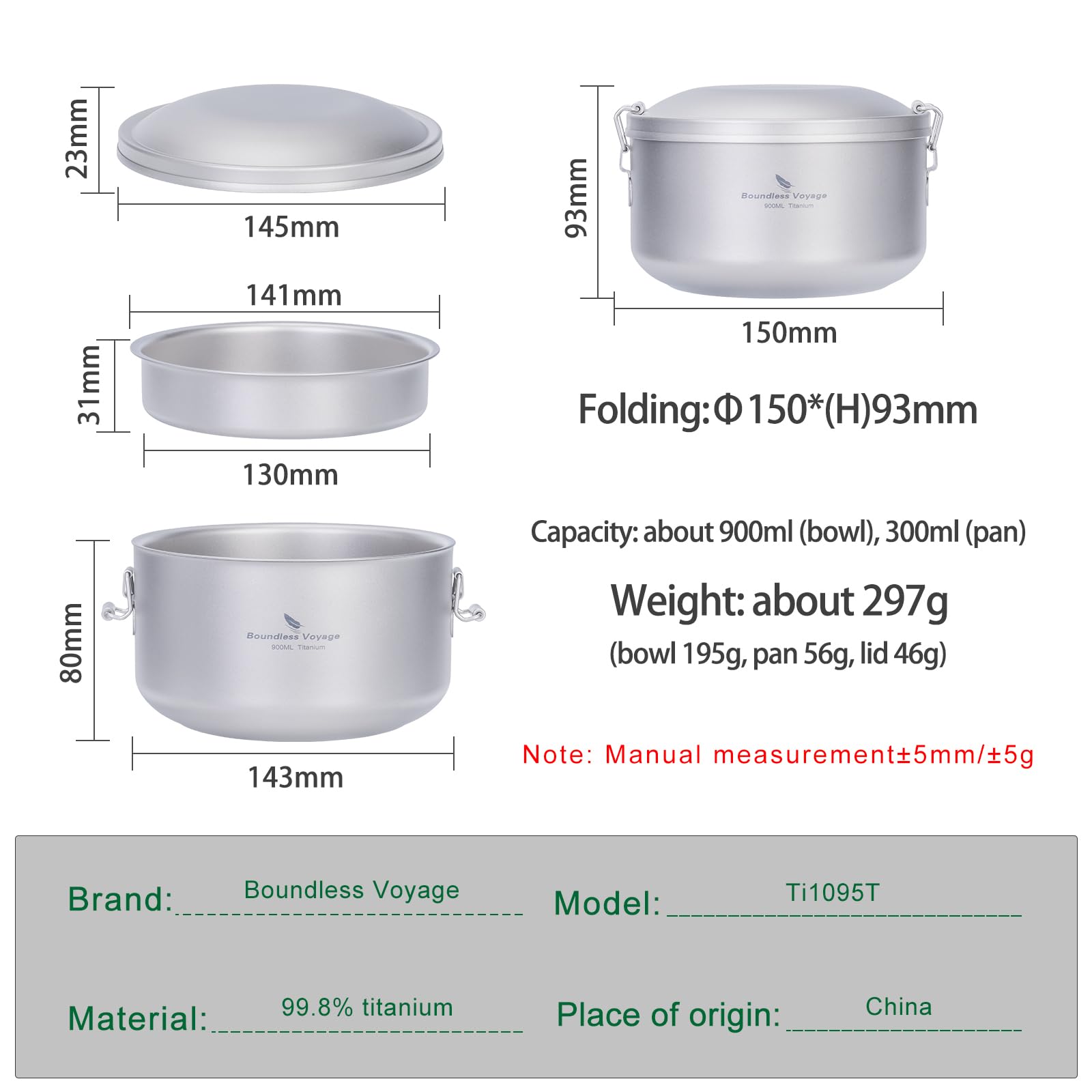 Boundless Voyage Outdoor Titanium Lunch Box Uncoated Bowls With Lid Separated Multi-Layer Office Worker Bento Box Ti1095T