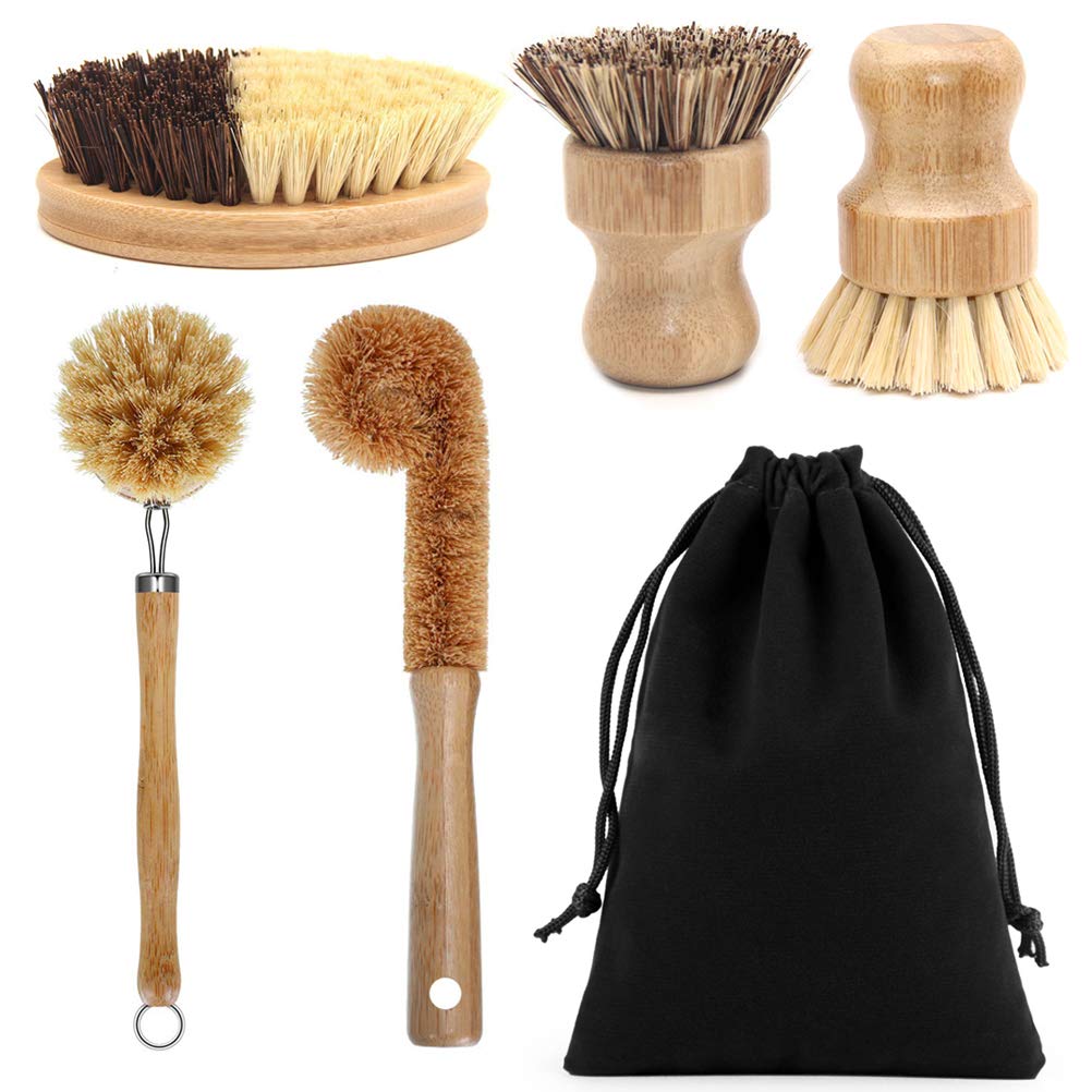 Vankcp 5 Pack Natural Bamboo Cleaning Brush Set, Pot Dish Scrub Brush With Handle And Flannel Bag Kitchen Brushes For Cast Iron