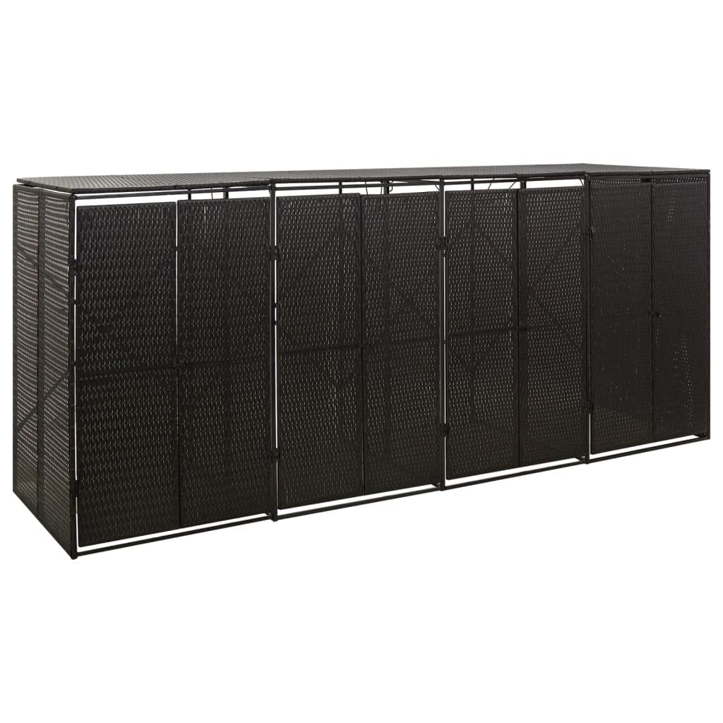 vidaXL Quadruple Wheelie Bin Shed Black 107.9x31.5x46.1 Poly Rattan