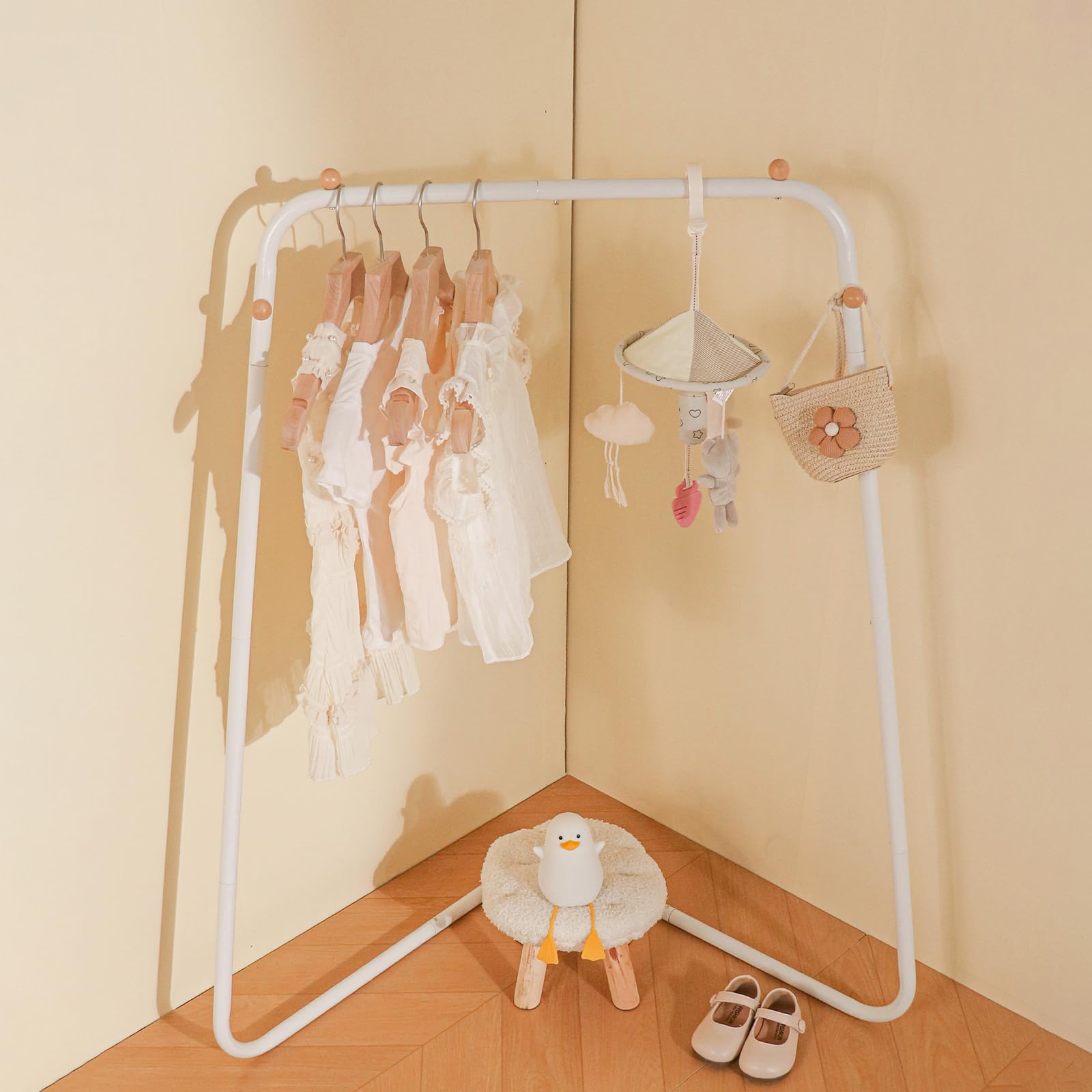 YGJT Kids Clothing Corner Rack, Dress Up Storage for Little Girls with Bottom Storage Shelf, Cute Toddler Wardrobe Cloest Garmen