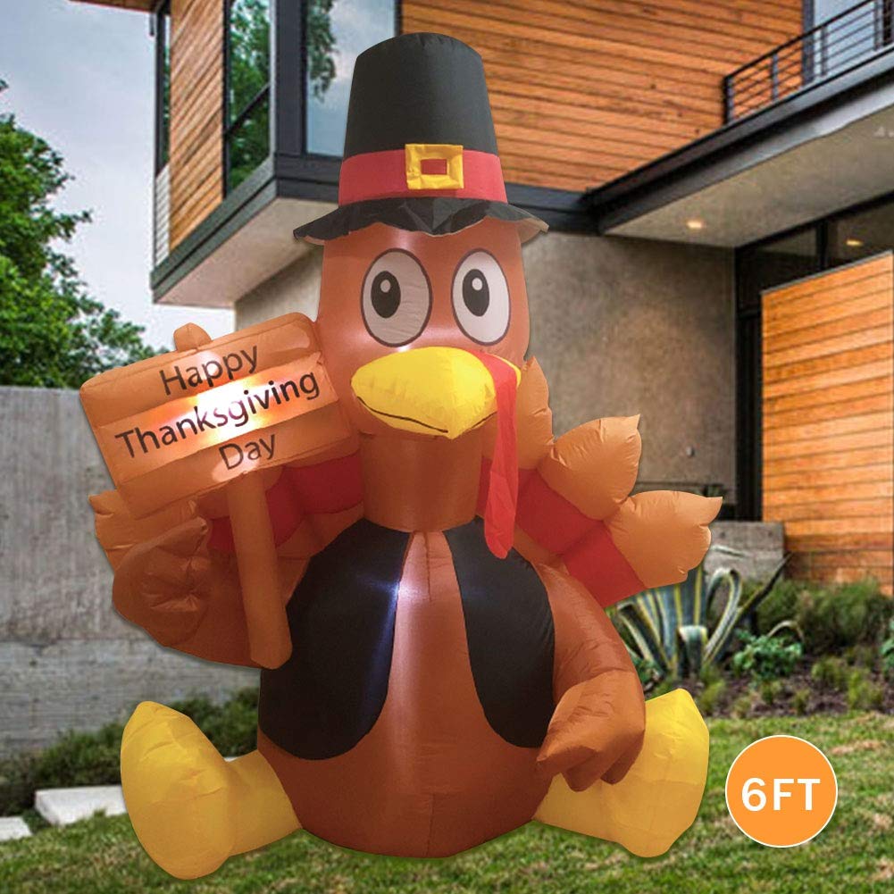 MorTime 6 FT Thanksgiving Inflatable Turkey, Blow up Lighted Turkey Decor with LED Lights for Fall Autumn Yard Party Shopping Ma