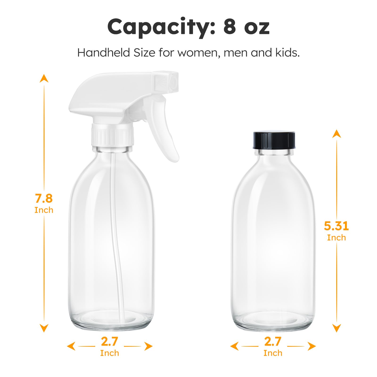 Tecohouse Glass Spray Bottle 8 Oz, Clear Small Empty Refillable Sprayer Container With Labels, Funnel, Lids, Graduated Pipettes