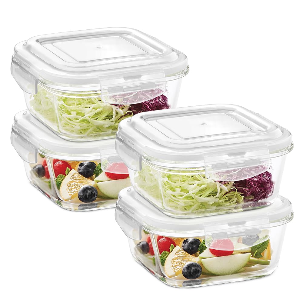 Borosil Klip N Store (800 Ml X 4) Square Glass Food Storage Container Set With Air Tight Lid | Borosilicate Glass Container For 