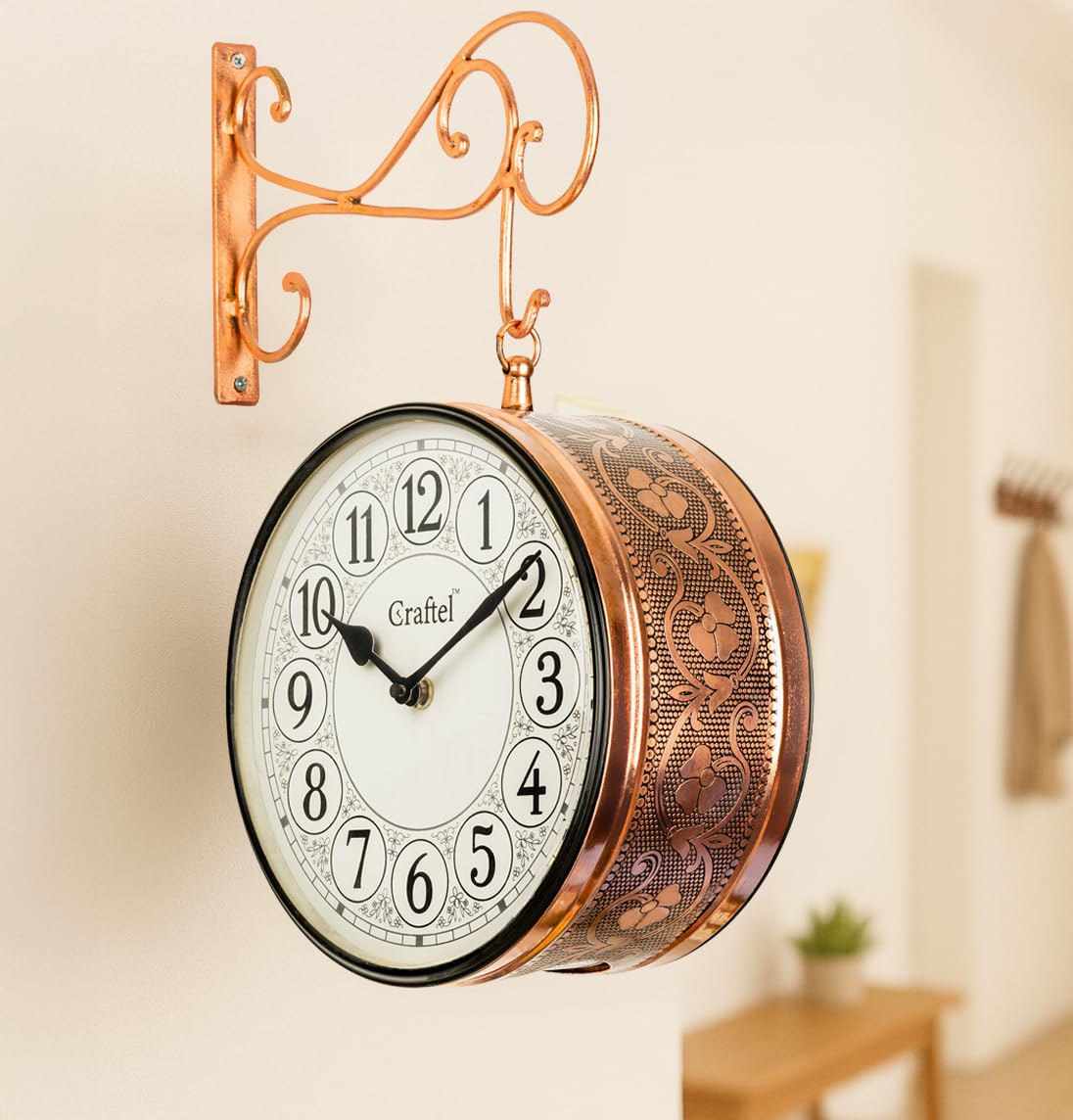 CRAFTEL Metal Analog Railway Station Clock Double Sided Vintage Wall Clock for Living Room Home and Office (Rose Gold_10 Inches)