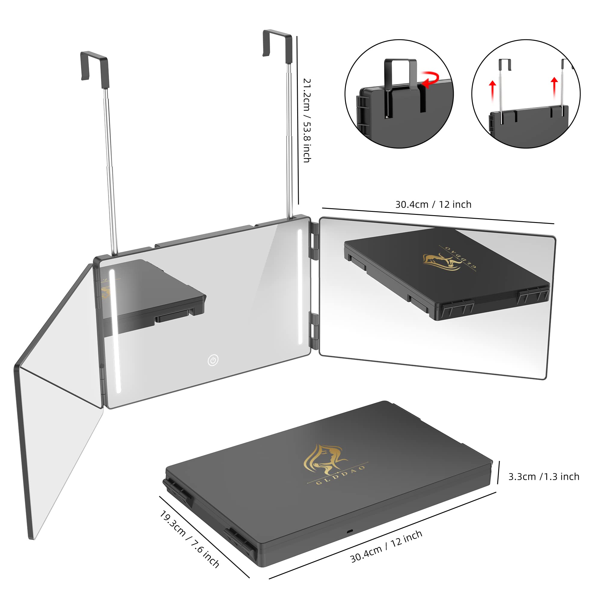 Glddao 3 Way Mirror For Self Hair Cutting With Lights,Rechargeable 360 Trifold Barber Mirrors Led Makeup Mirror See Back Of Head