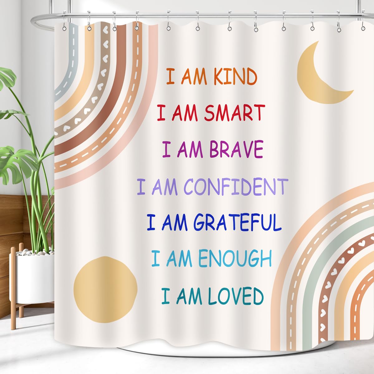 Zxmbf Boho Rainbow Quotes Shower Curtain Colorful Inspirational Positive Kids Teen Girls Abstract Moon Sun Fabric Home Bathroom