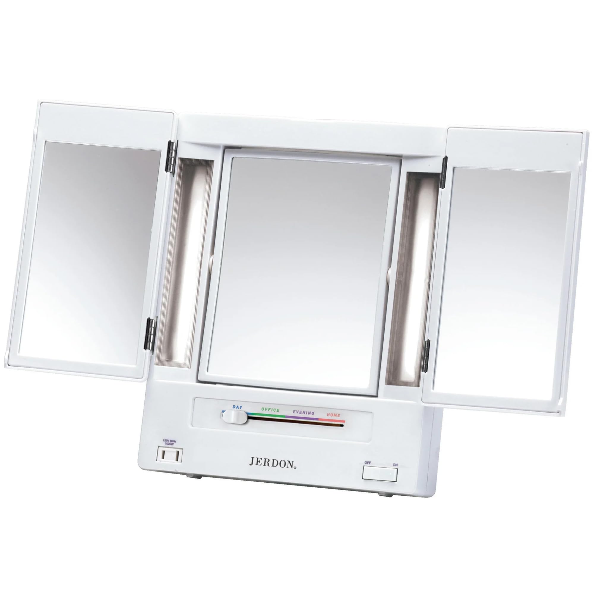 JERDON Tri-Fold Makeup Mirror with Lights, 5X-1X Magnification, 11.8"x9.6", Plastic, White, Model JGL9W