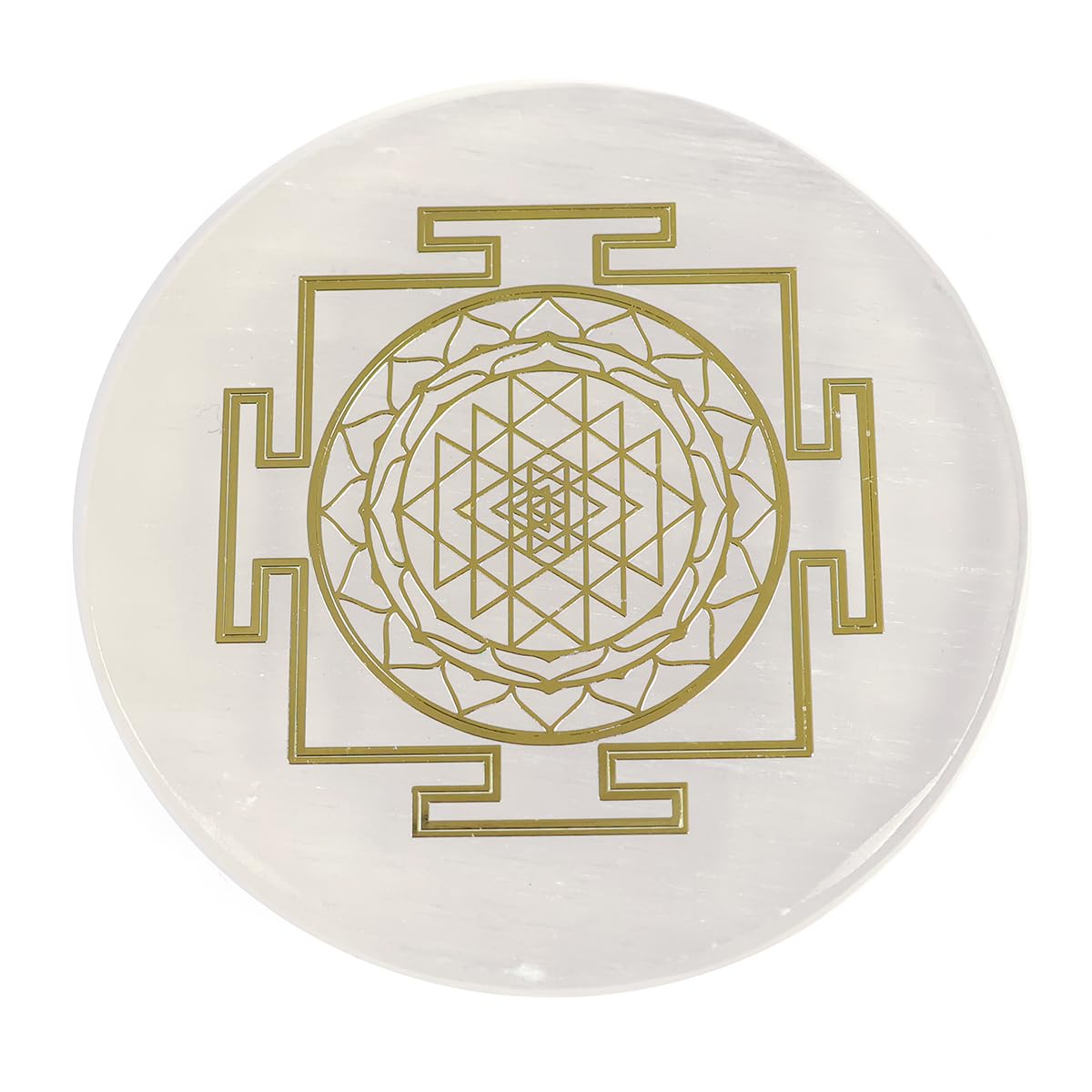 Reiki Crystal Products Selenite Charging Plate Coaster With Shree Yantra Symbol Size 7.6 Cm (3 Inch)