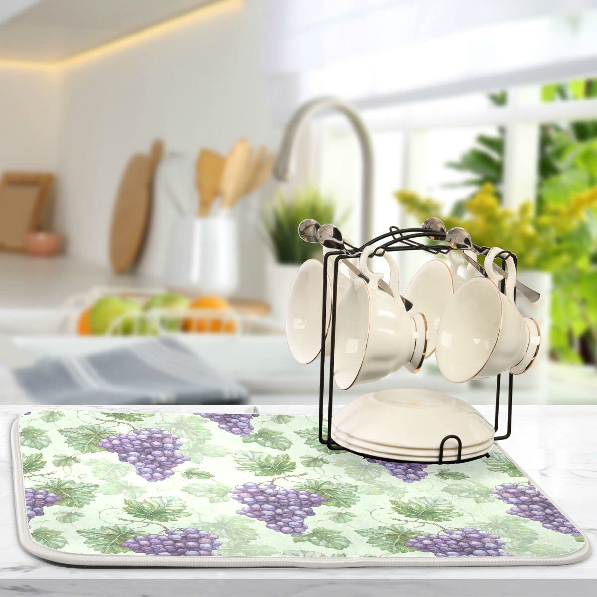 Grapes Purple Rustic Dish Drying Mat for Kitchen Green Leaves Country Fruits Microfiber Drying Mats Absorbent Reversible Dish Pad Medium Dish Draining Mat 16x18 inch
