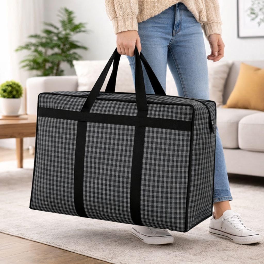 Bazera Large Waterproof Storage Bag, Black And Grey Checkered Plaid, 100% Denim Fabric, 150L Capacity, 21 X 25 X 12 Inches, Heav