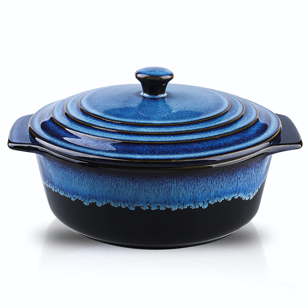 Koov Ceramic Casserole Dish With Lid - 2 Quart, 9 Inch Round Baking Dish, Oven Safe, Reactive Glaze