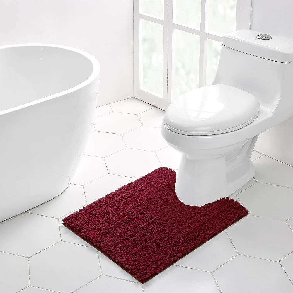 Walensee Bathroom Contour Rug Non Slip Toilet U Shaped Bath Mat (20X24, Red) Water Absorbent Super Soft Shaggy Chenille Machine