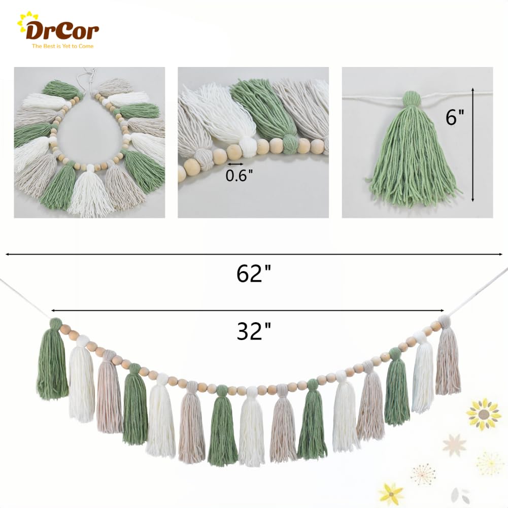 DrCor Sage Green & White Boho Tassel Garland - Handmade Yarn Banner for Nursery, Girls Bedroom, Baby Shower, Wedding Backdrop, C