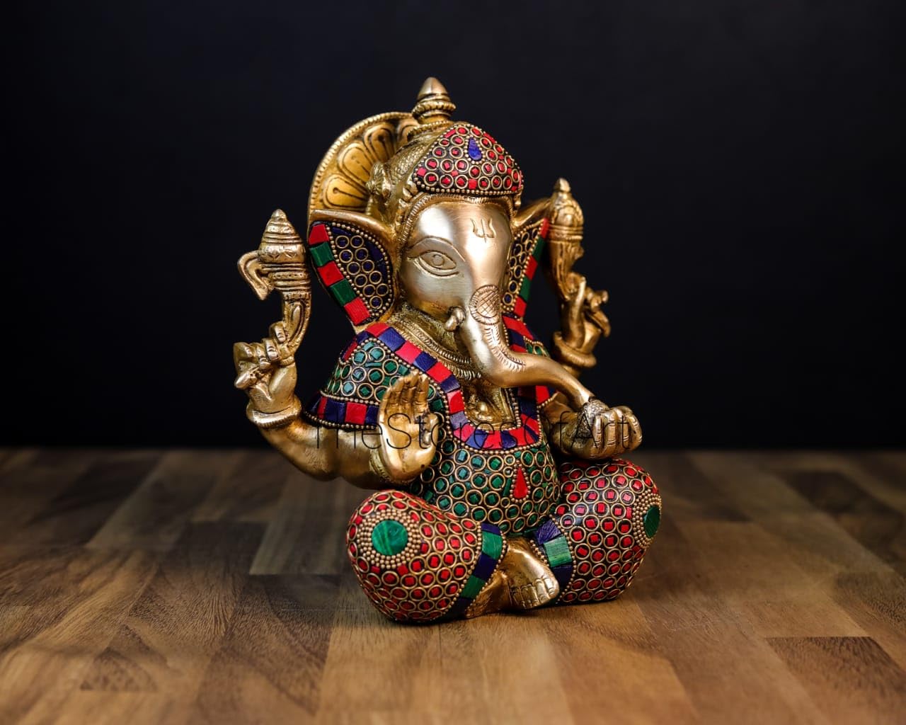 Mridaya Brass Ganesha Statue With Mosaic Stonework, 21 Cm Brass Ganesh Statue, Ganpati Idol, Good Luck Gift For New Beginnings,