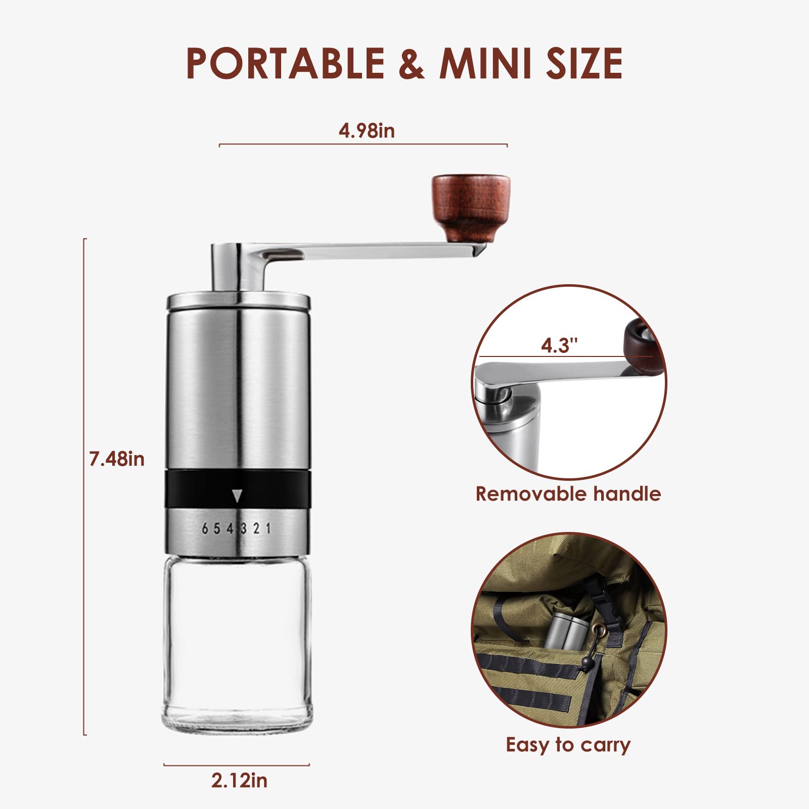 Koyatti Manual Coffee Grinder Stainless Steel With Conical Ceramic Burrs,6 Adjustable Setting,Portable Vintage Hand Coffee Bean