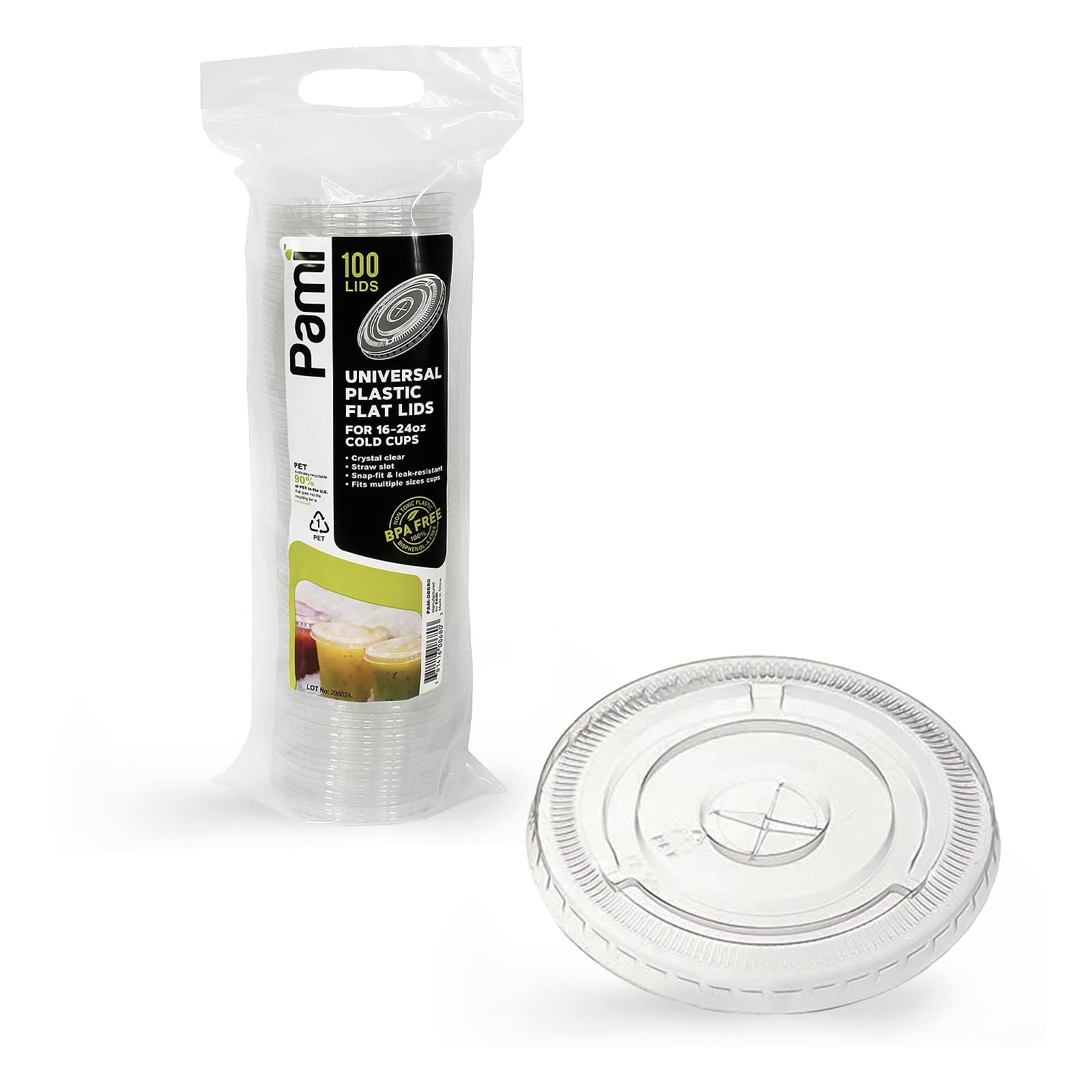 PAMI Clear Plastic Flat Lids with Straw Slot for 16 Oz Cups [Pack of 100] Fits 16, 20, 24 Oz Cups Disposable Leakproof Bpa- Pet 