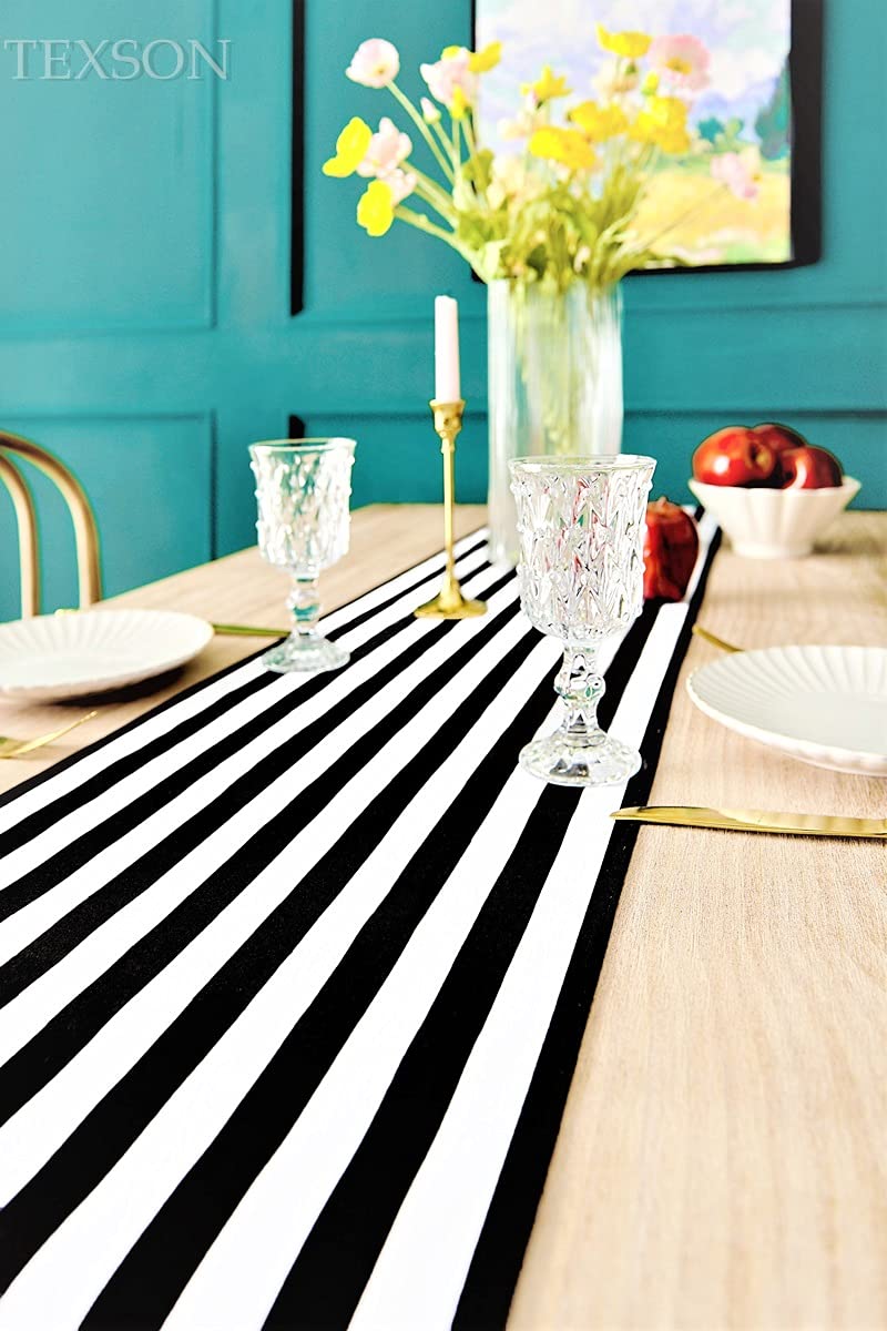 Texson 12 X 48 Inch Black And White Striped Table Runner, Boho Cotton Black And White Table Runner For Modern Wedding Party Deco