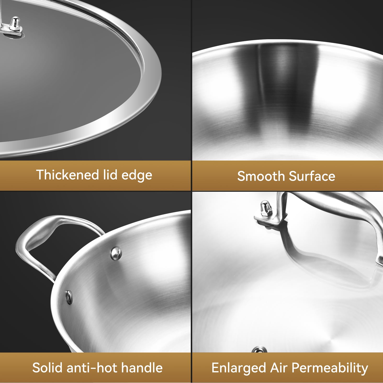 Lolykitch 12 Inch Tri-Ply Stainless Steel Wok Pan With Lid,5 Qt Deep Stir-Fry Pan,Jumbo Cooker,Induction Cooking Pan,Heavy Duty,