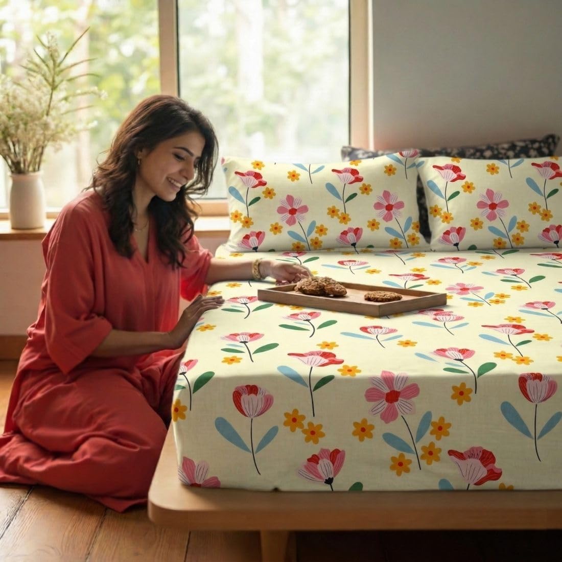 Aurave Floral 210 TC King Size Fitted Bedsheet  Multicolor