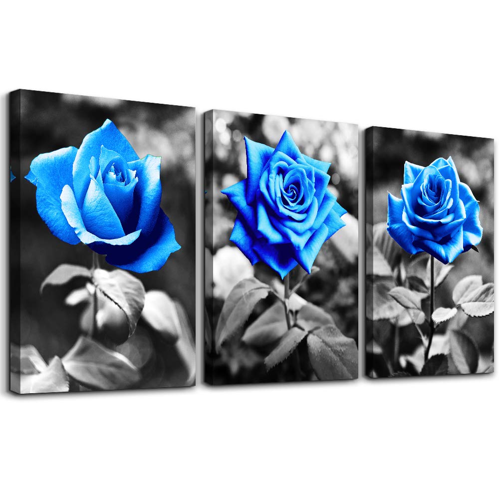 Bedroom Wall Art For Living Room Bathroom Wall Decor For Kitchen Family Pictures Artwork Black And White Blue Rose Flowers Canva