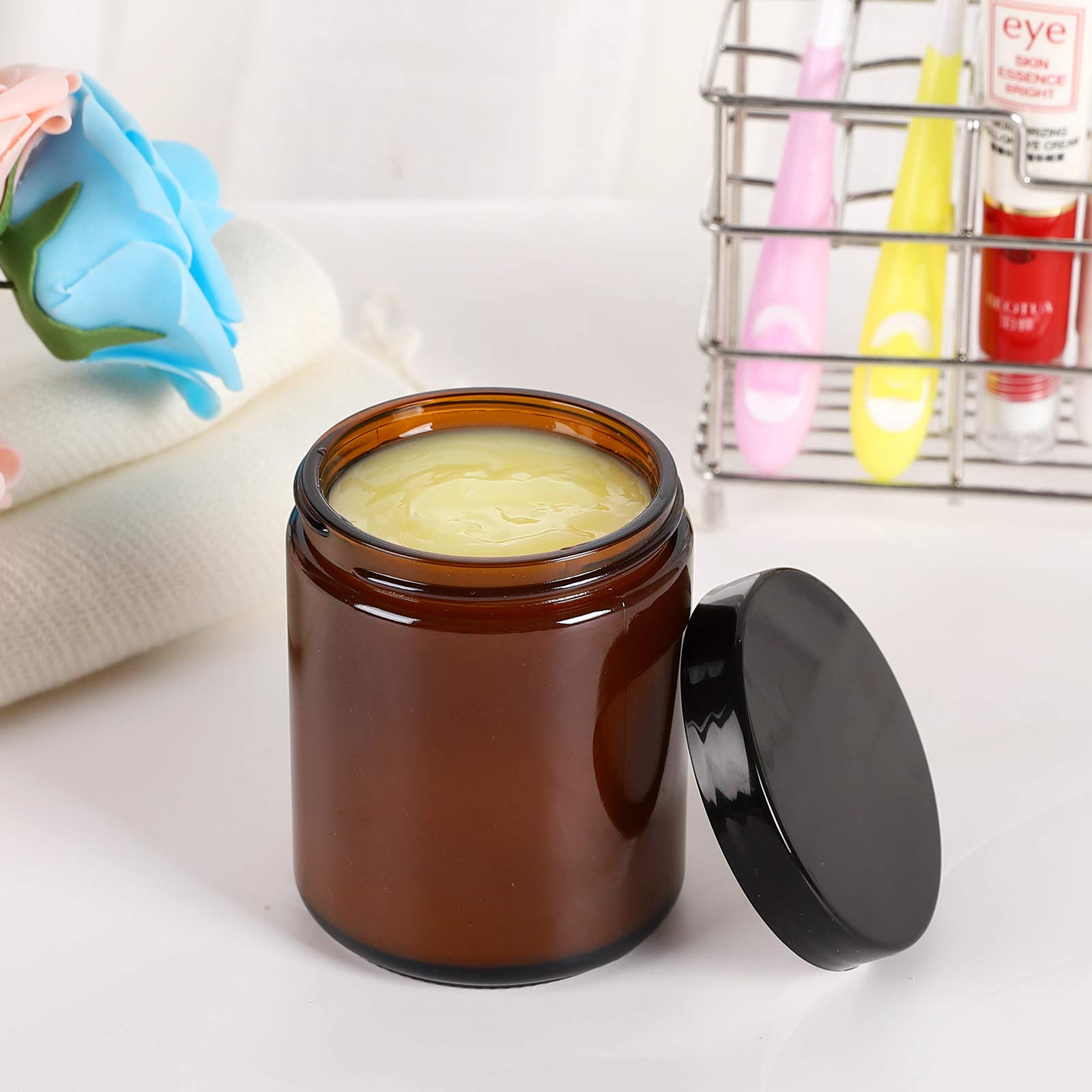 12 Pack 8 oz Amber Glass Jars with Lids  Round Empty Containers for Scrubs  Lotions  Cosmetic  Ointments and Butters  Travel Storage Jar with White Inner Liners  Black Lids  lables and Spatulas