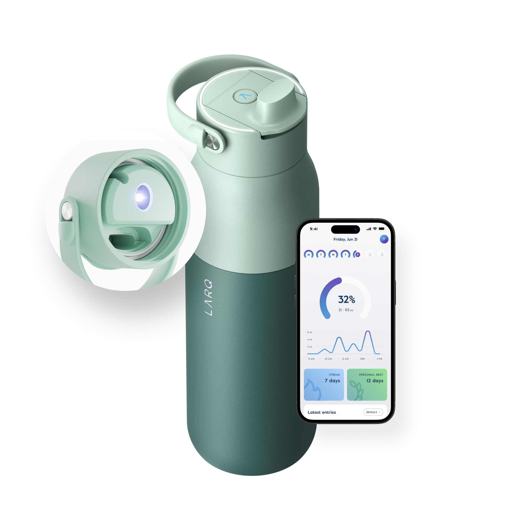 LARQ Bottle PureVis 2 23 oz - UV Water Purifier with Self-Cleaning, App Hydration Tracking, Filter Straw, Detachable Handle, Dou