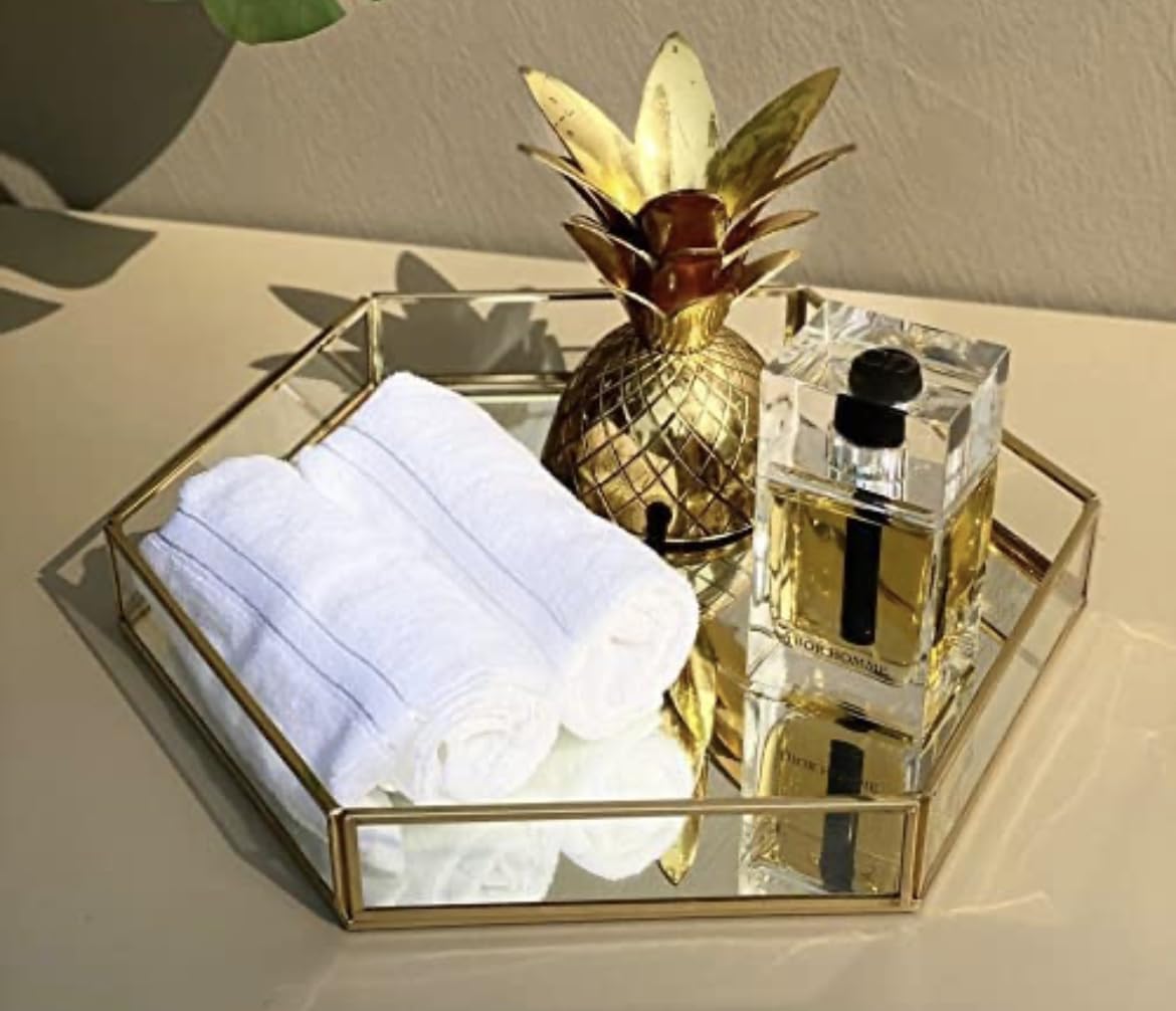 Hexagon Glass Tray With Brass Rim And Mirror Base, Makeup Tray For Home Decor Jewelry Organiser, Vanity Organizer For Accent Tab