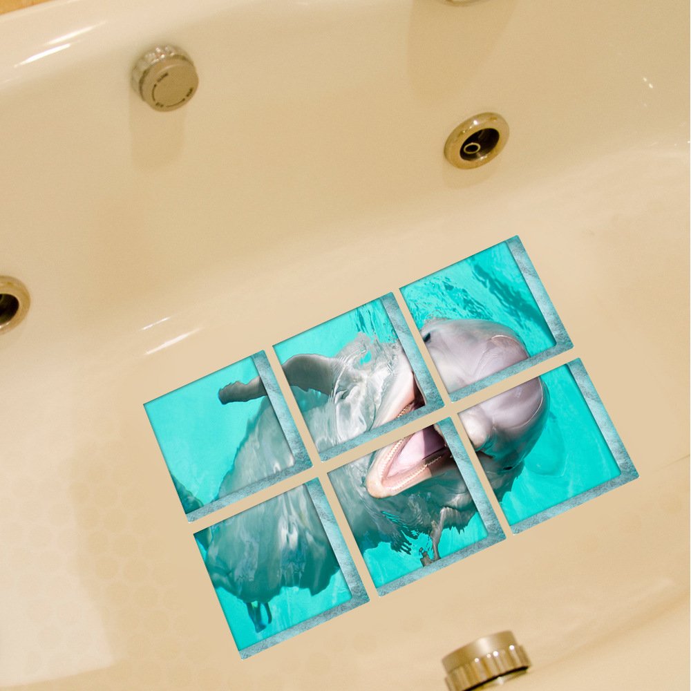 ChezMax Bath Treads Stickers Dolphin Pattern Square 3D Adhesive Anti Slip Tub Tattoos Safety Decals Mat Waterproof Shower Tub Sticker Bathtub Appliques for Bath Pools Home Decor 6 Pcs 5.9'' X 5.9''
