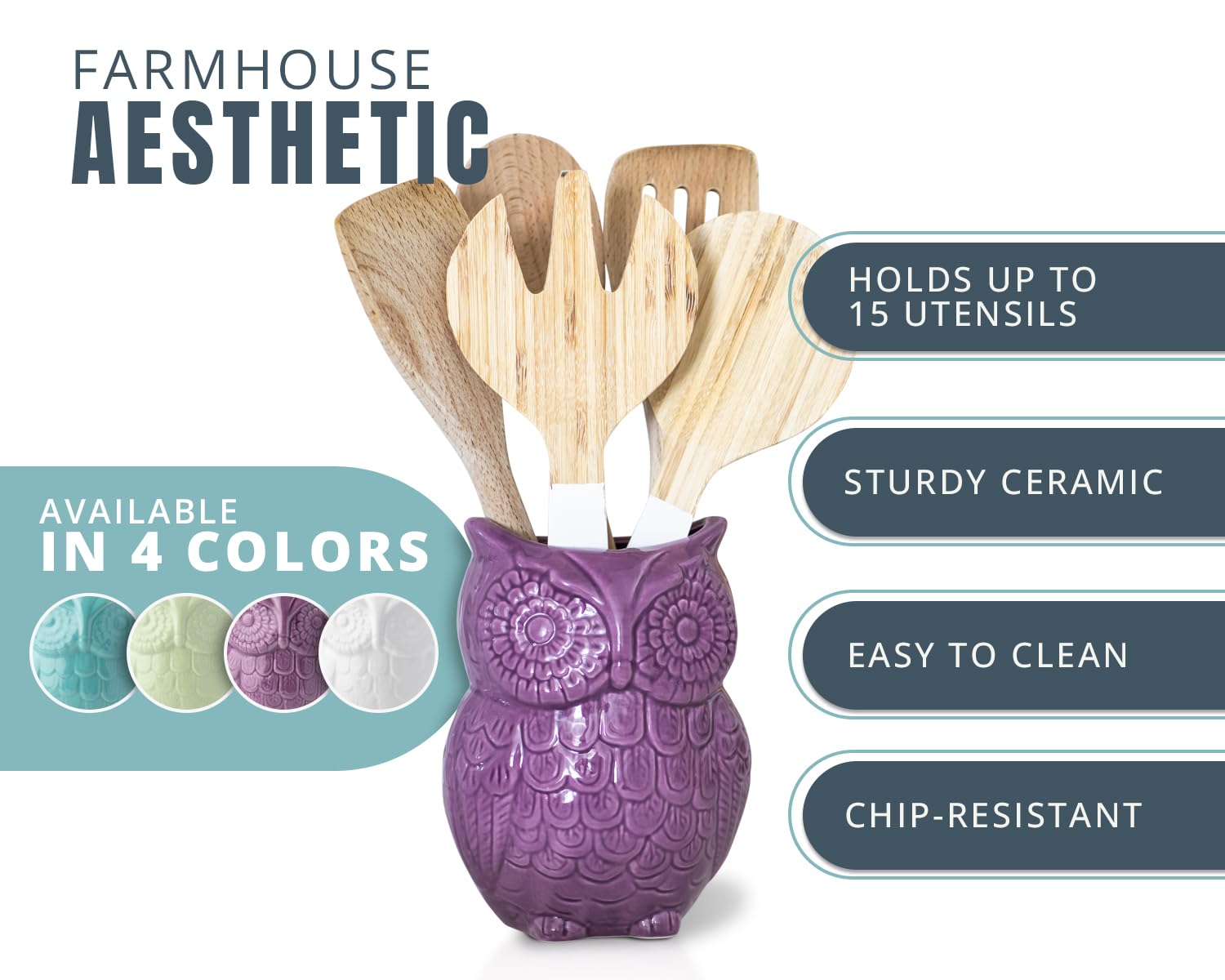 Comfify Owl Utensil Holder Decorative Ceramic Cookware Crock & Organizer, In Lovely Purple Color - Utensil Caddy And Perfect Kit