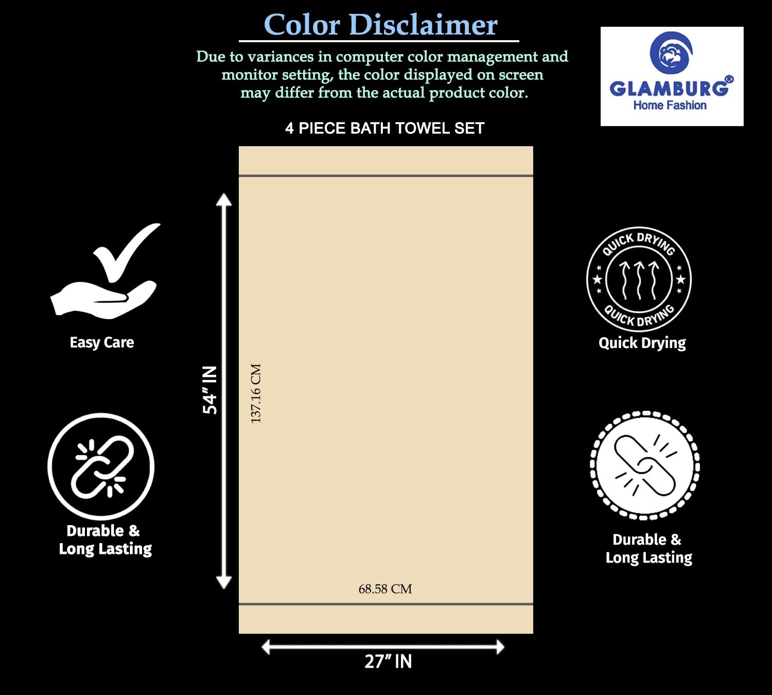 Glamburg Premium Cotton 4 Pack Bath Towel Set - 100% Pure Cotton - 4 Bath Towels 27X54 - Ideal For Everyday Use - Ultra Soft & H