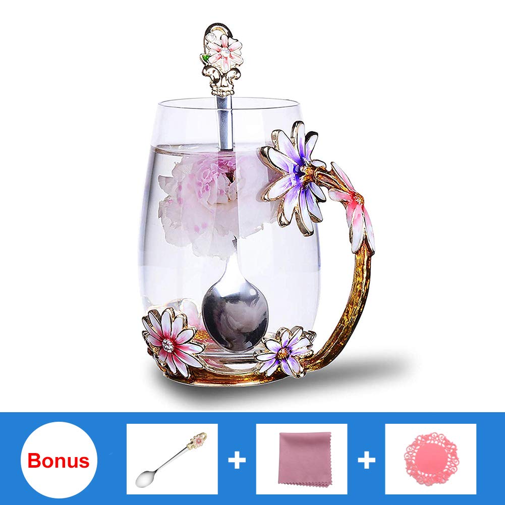 Goodking Flower Glass Tea Mug, Lead-Free Handmade Enamel Coffee Mug Tea Cups with Spoon For Women Grandma Mom Teachers Friend Wi