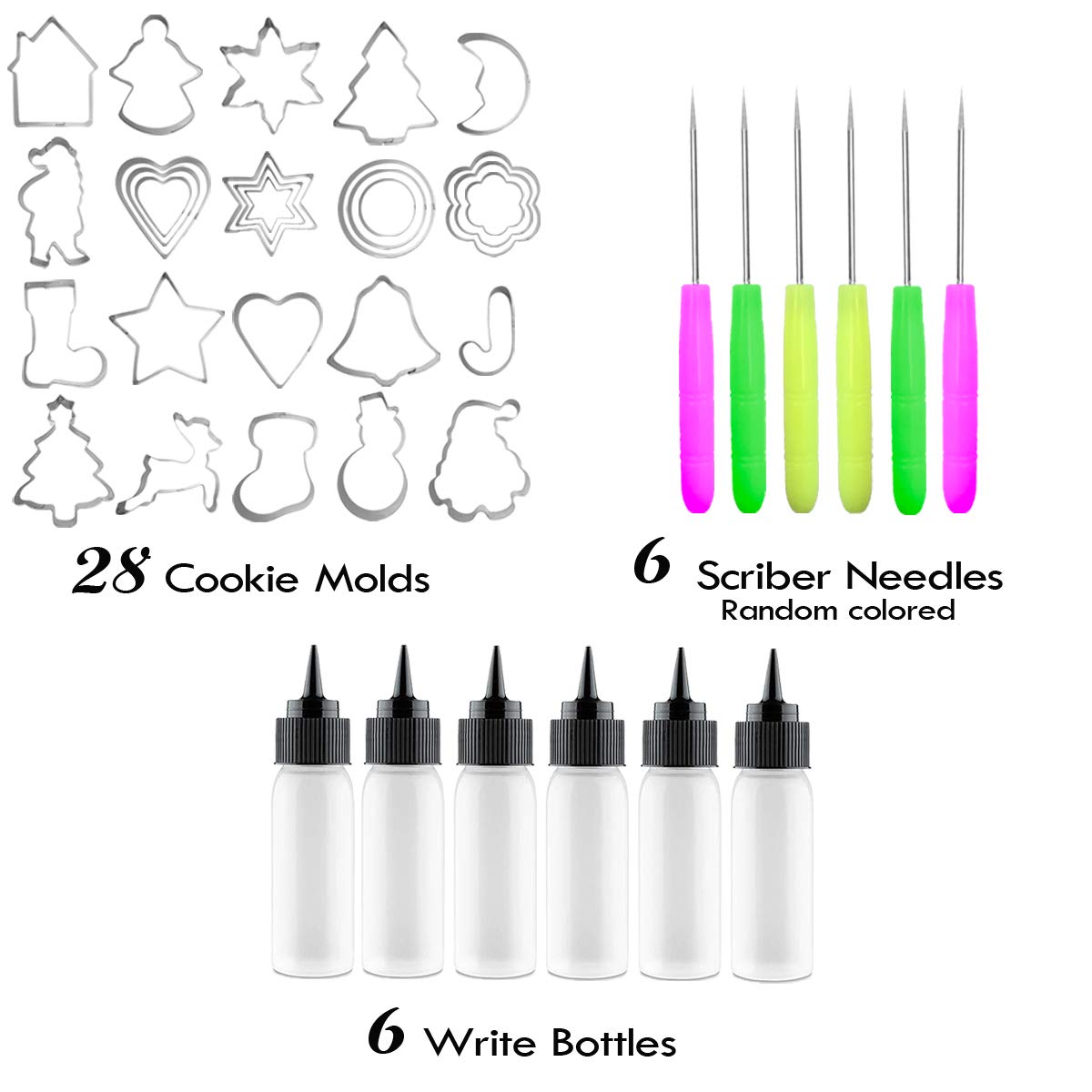 Artcome 40Pcs Christmas Cookie Decorating Tool Set, 28Pcs Cookie Cutters, 6Pcs Easy Squeeze Write Bottles And 6Pcs Sugar Stir Ne