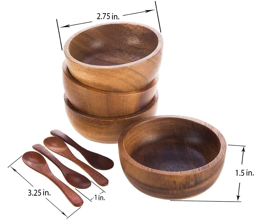 Miniature Doll Size Tiny 2'' Dia Acacia Calabash Wood Bowl For Condiments, Dip Sauce, Nuts, Ketchup, Jam, Herb, Prep, Olive, Sal