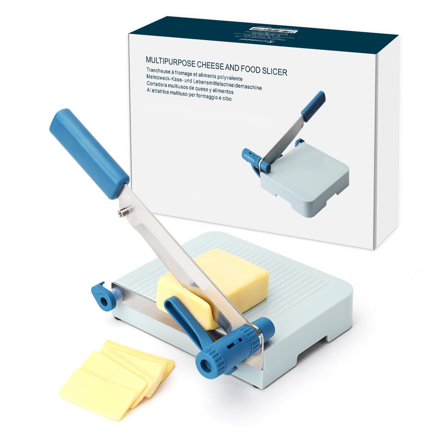 Kitchendao Multipurpose Cheese Slicer Cutter With Board For Arthritic And Weak Hands, Adjustable Thickness Dial For Block Cheese