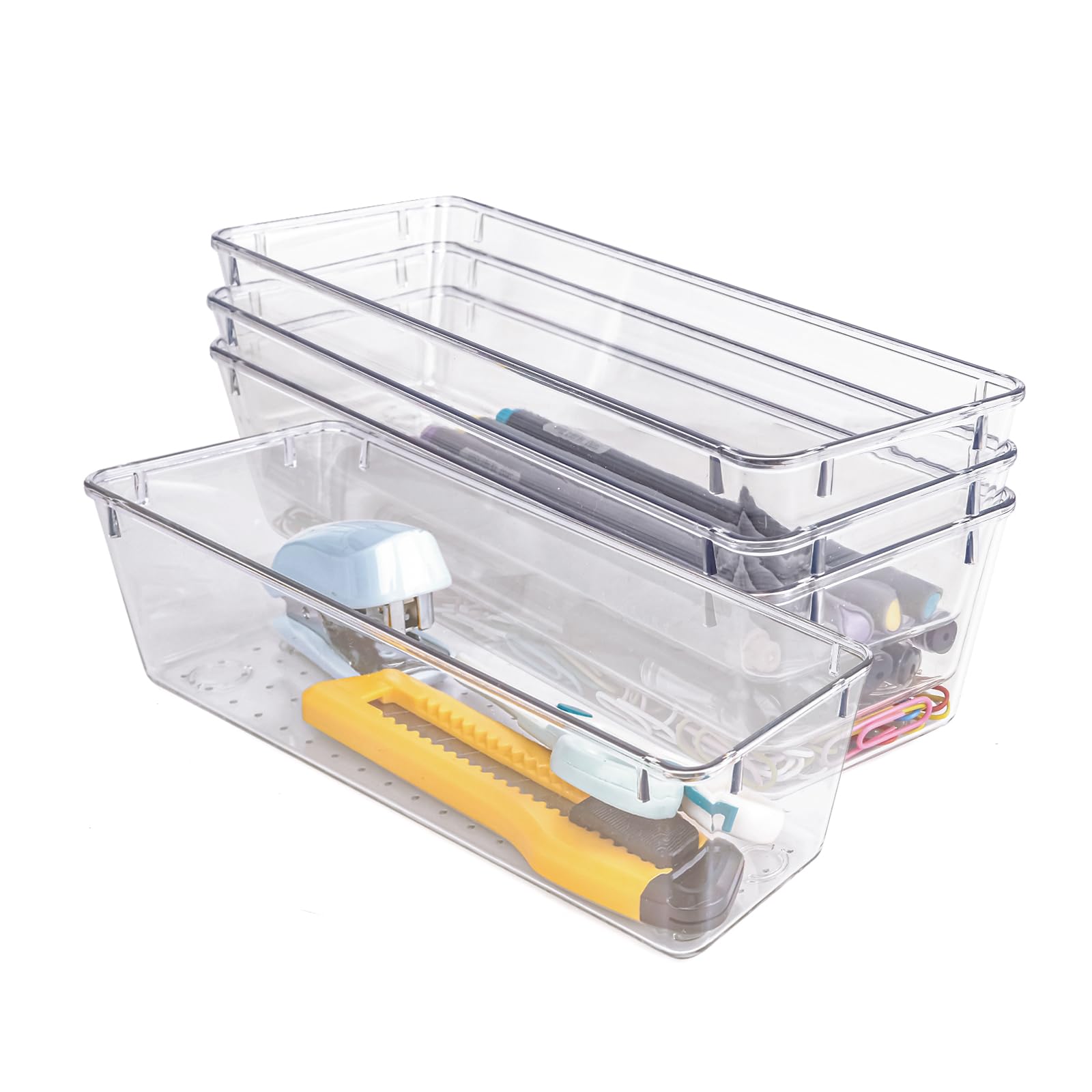 Zuihug 4 PCS Clear Plastic Drawer Organizer, Desk Drawer Divider Organizers and Storage Bins for Makeup, Jewelry, Gadgets for Ki