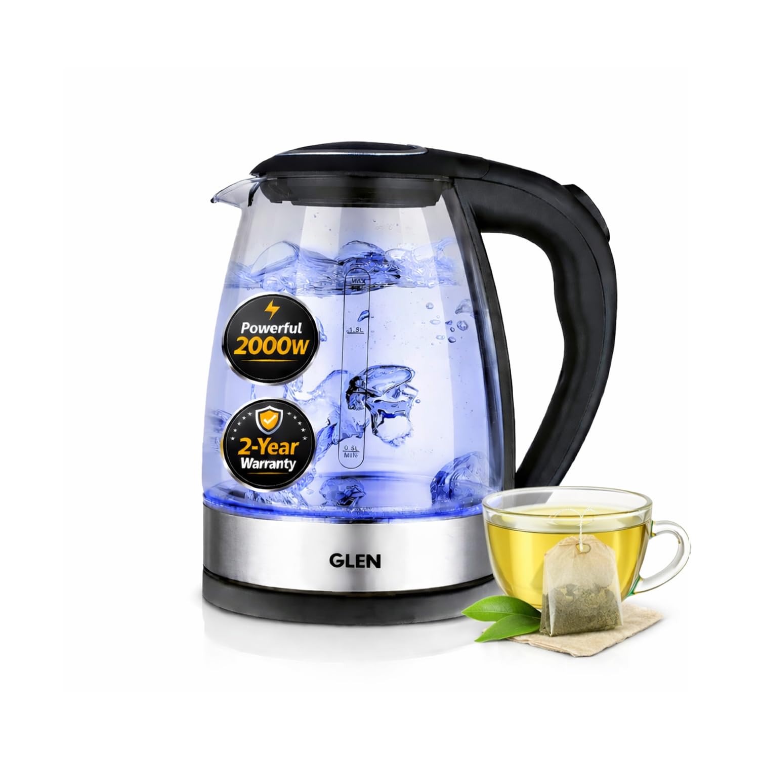 Glen Glass Electric Kettle 1.8L, 2000W, With Auto Shut-Off, 360 Rotational Base, Boil Dry Protection, Easy To Clean, Level Gauge
