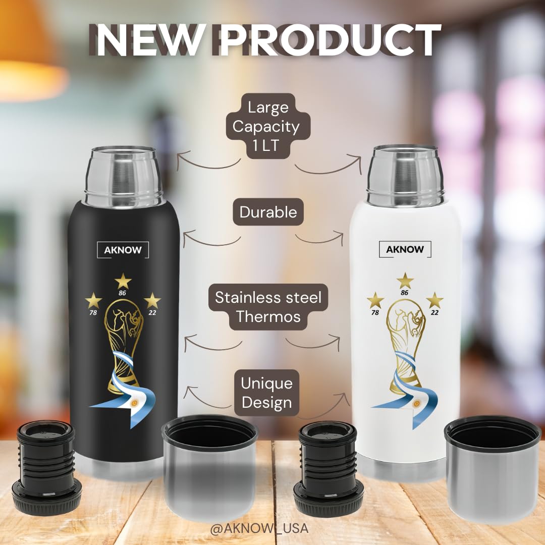 Thermo Argentino World Cup Stainless Steel Bottle Special For Mate Coffee With Argentine Flag 1Lt (White)