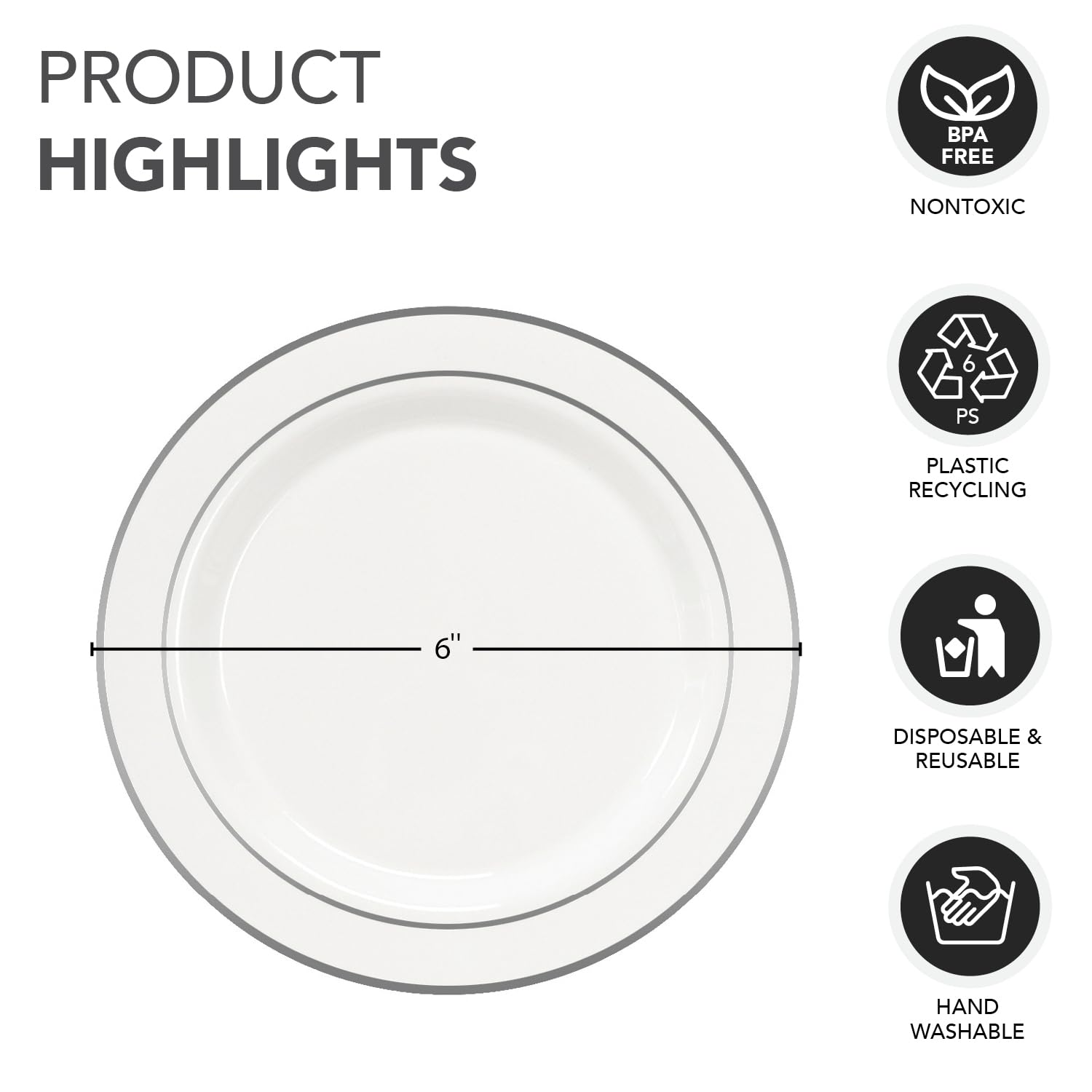 Party Essentials 70-Count Hard Plastic 6'' Divine Dinnerware Disposable China Bread And Butter/Appetizer Plates, White With Silv