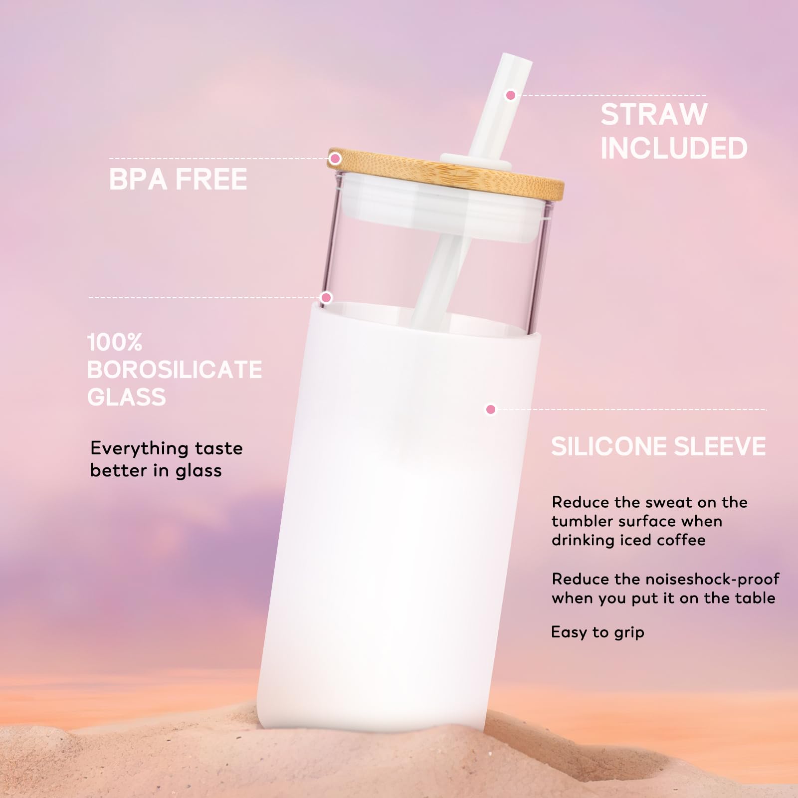 Tronco 20 Oz Glass Tumbler Glass Water Bottle Straw Silicone Protective Sleeve Bamboo Lid - Bpa Free - White