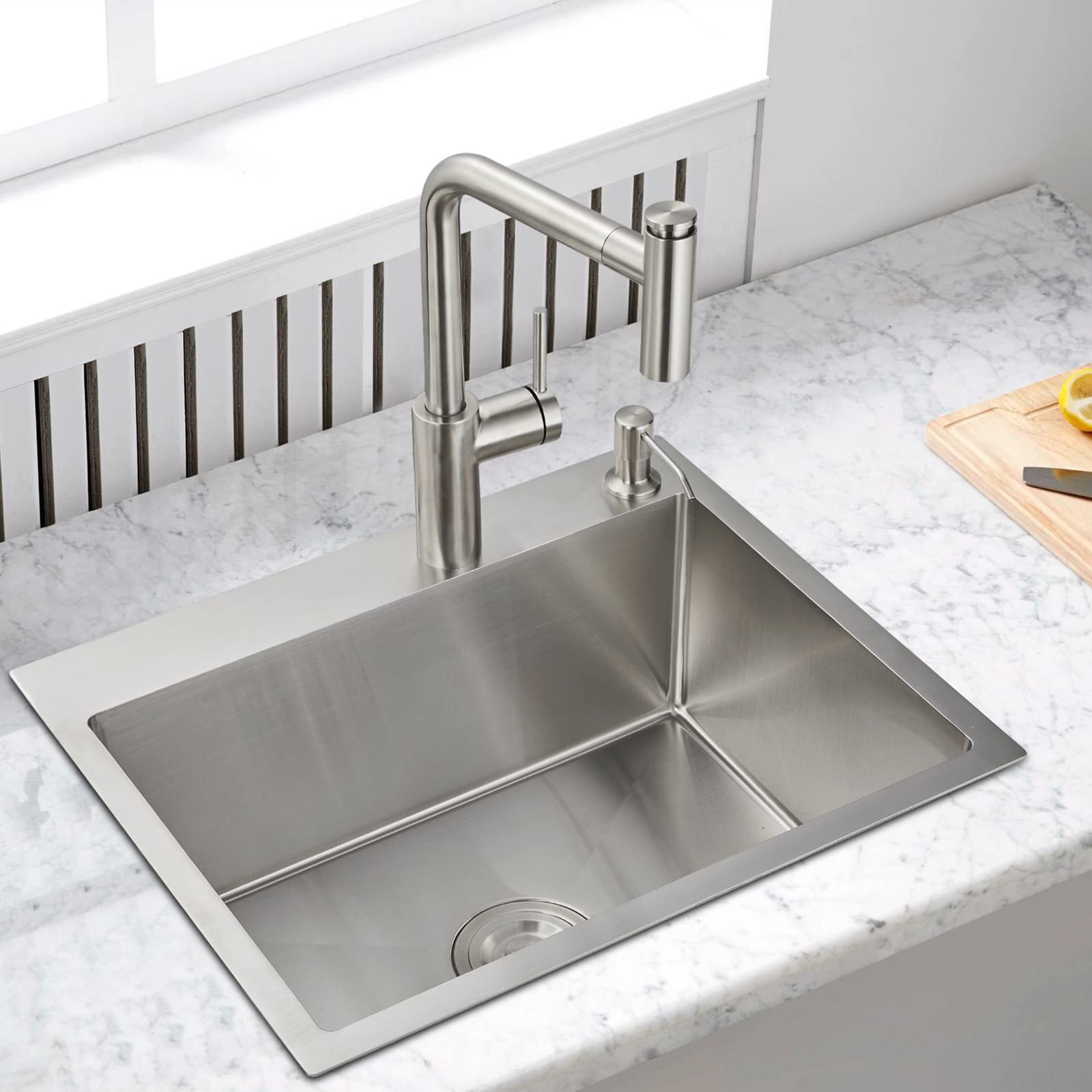 Rovogo 22X18X9 Inch Drop In Kitchen Sink Single Bowl, 304 Stainless Steel Modern Sink Top Mount With 2 Holes, Brushed