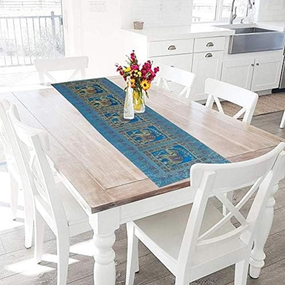 Real Online Seller Traditional Turquoise Silk Table Runner Decorative Silk Table Cloth Indian Decor Ethic Floral Designed Center Table Cover 60X16 Inchs