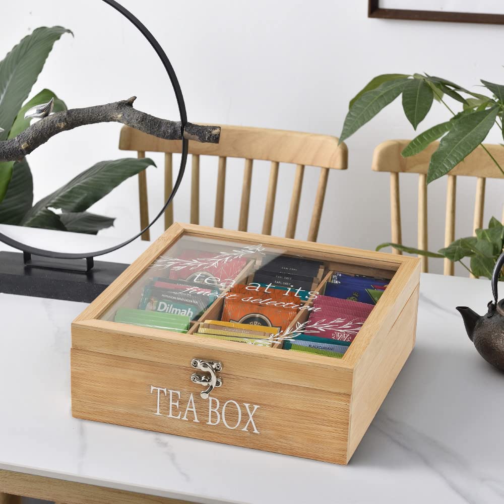 handrong Bamboo Tea Box Organizer with 9 Compartments and Clear Cover for Tea, Coffee & Sugar Pods, Modern Design